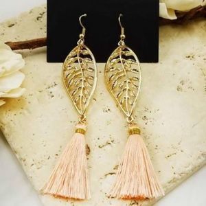 2 LEFT!!! Gold Leaf Pink Tassel Earring